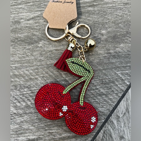 NWT! Red Cherry Crystal Rhinestone Tassel KeyChain - Picture 3 of 3